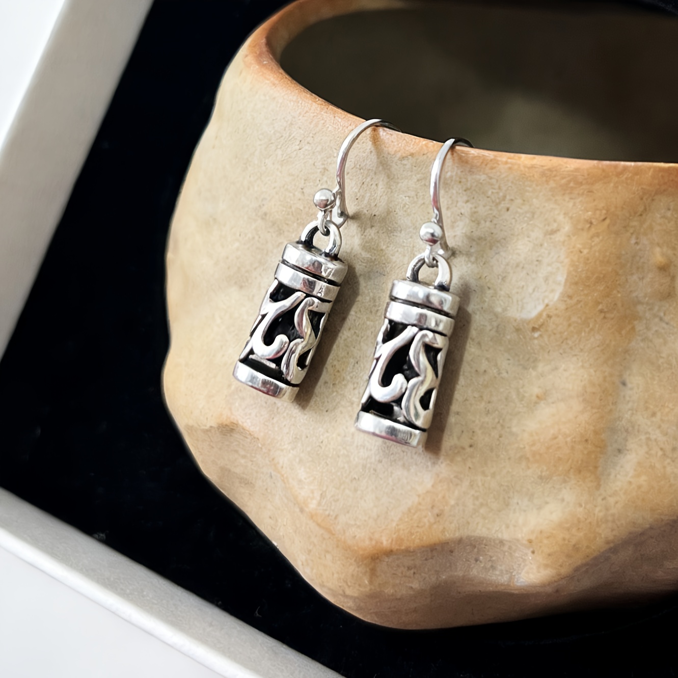 Vintage Bohemian Distressed Hollow Cylindrical Drop Earrings